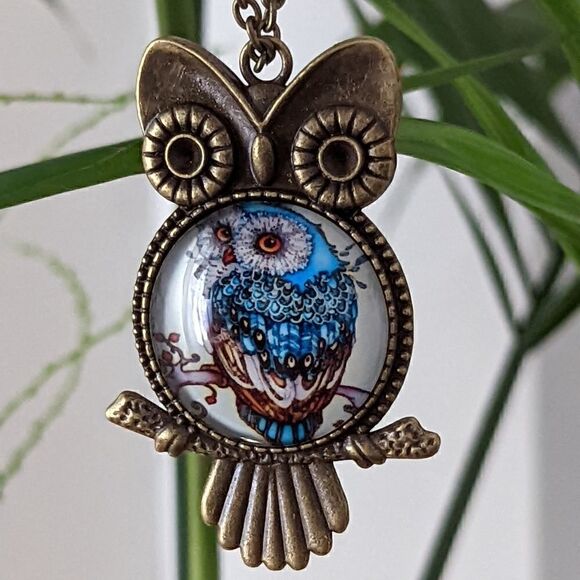 Owl Rustic Antique Gold Charm Cabochon Pendant Adjustable Statement Necklace - Picture 3 of 8